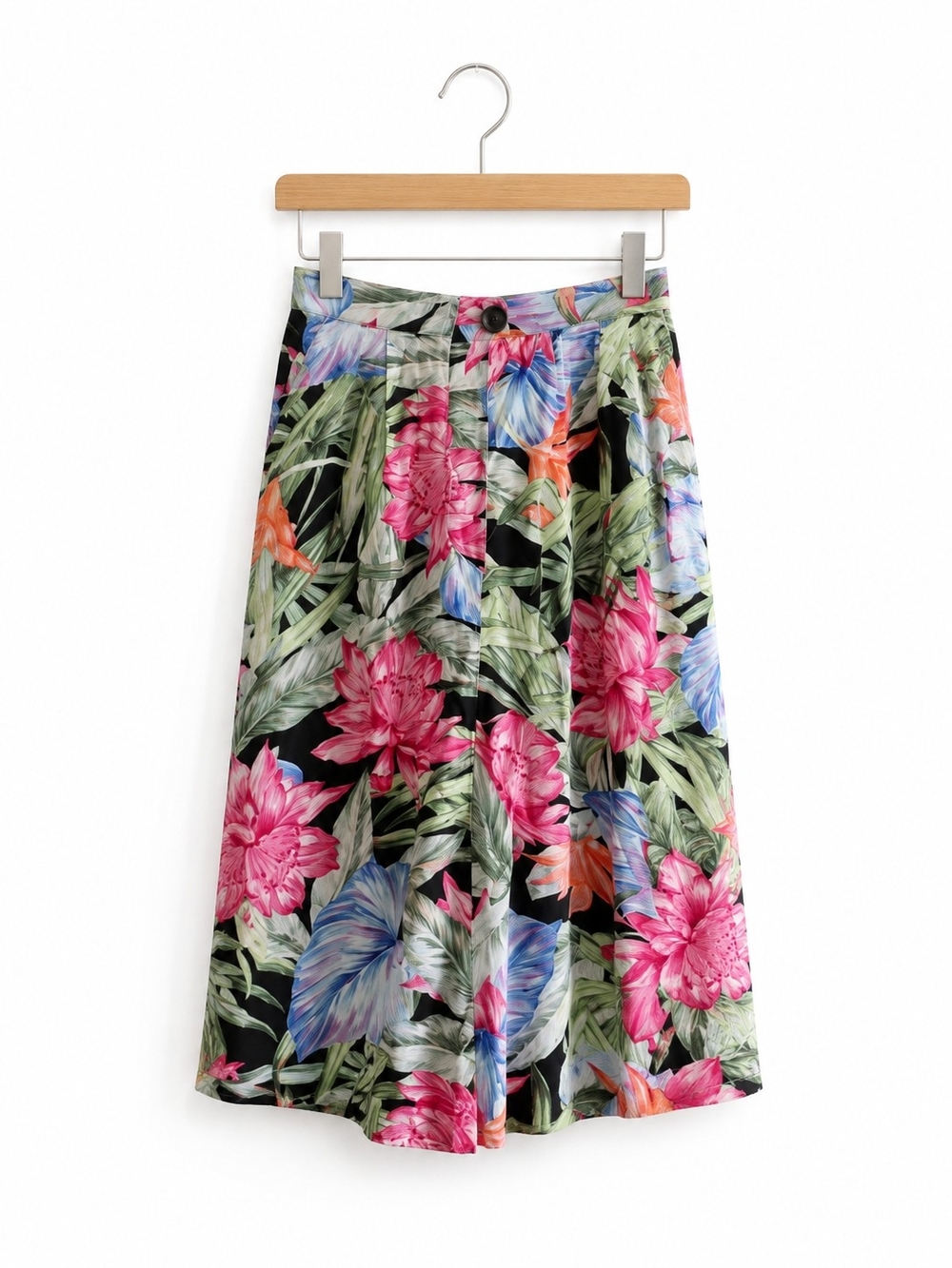 Stradivarius Black Midi Skirt with Pink & Green Floral Print